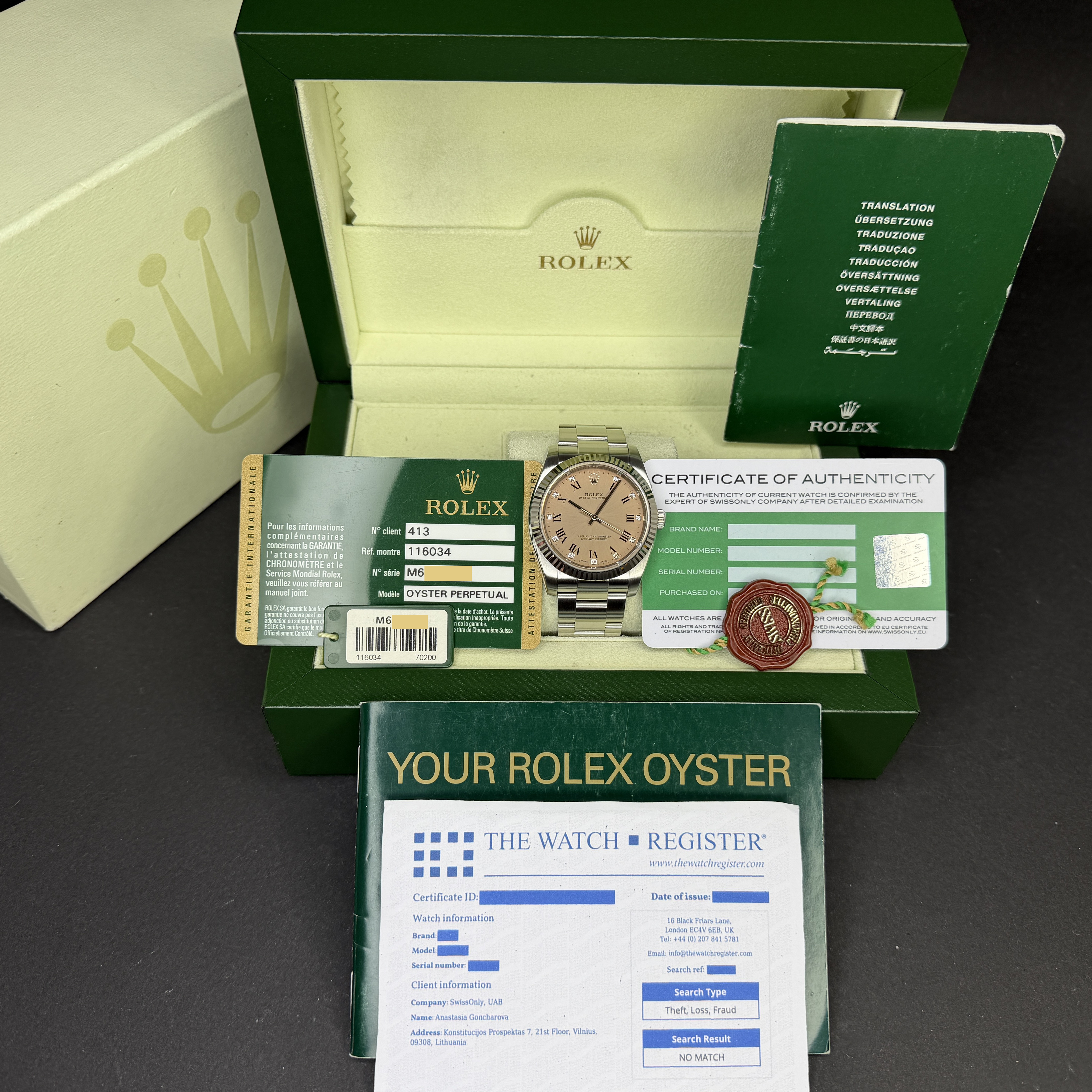 Rolex Oyster Perpetual, 116034, 36mm, 2008, Steel, Pink Diamond